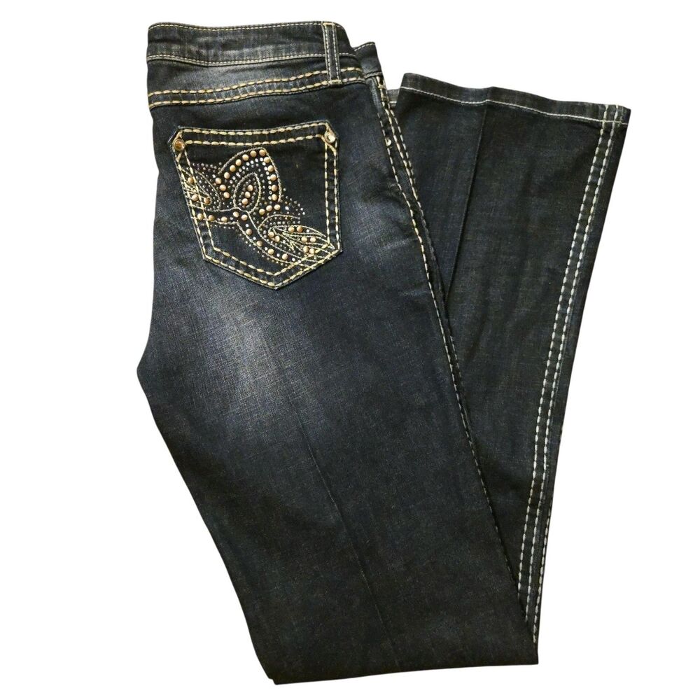 Wrangler Women's Boot Cut Jeans - Dark Blue with Gold Accents -y2k